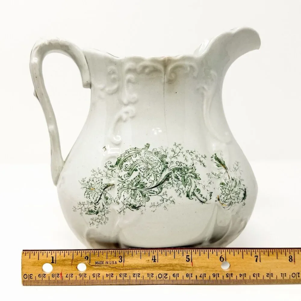 Antique Wick China Co Aurora Ironstone Pitcher Green Transferware Floral Gilt